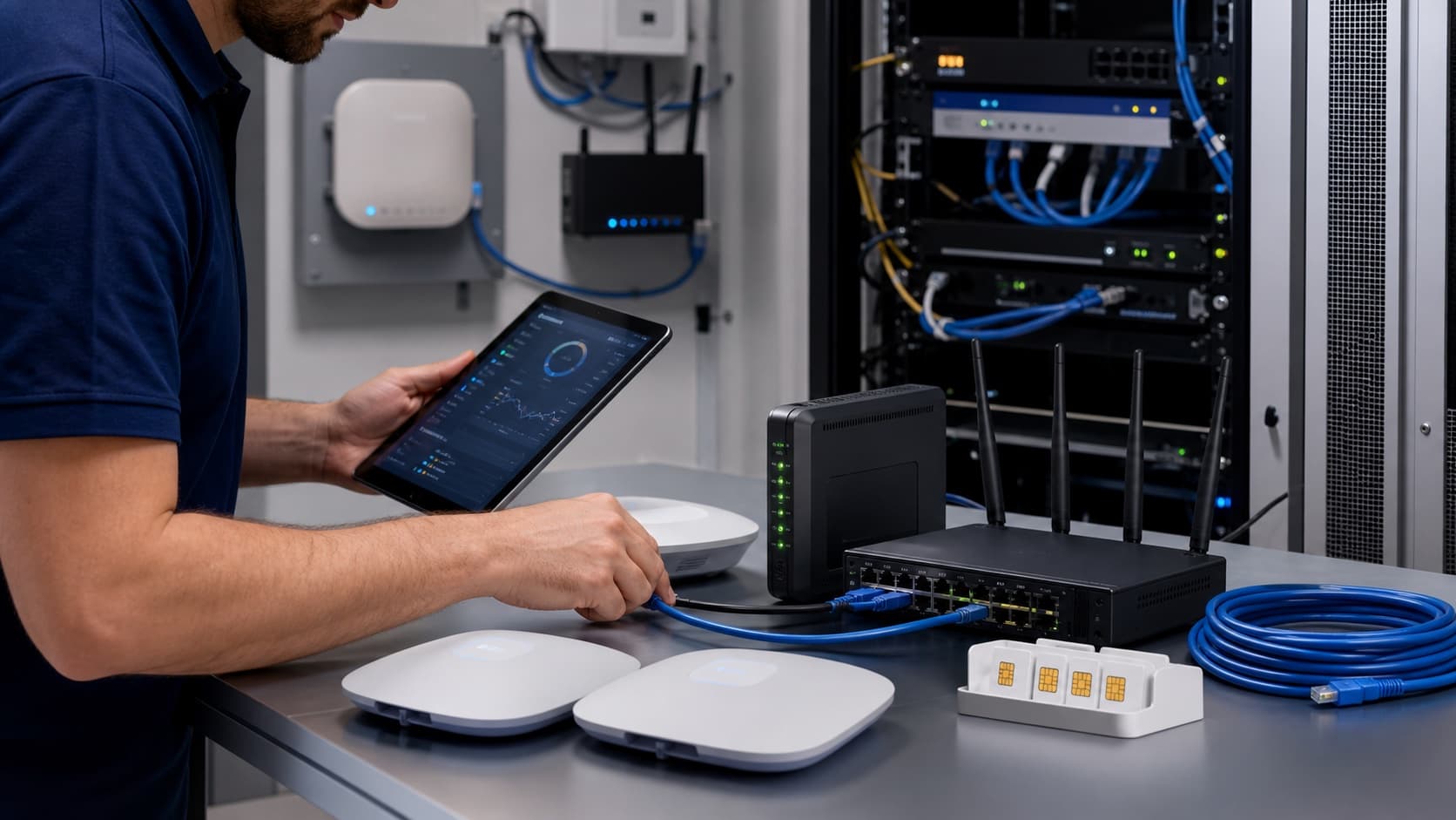 Technician installing connectivity equipment and preparing network devices for a business site