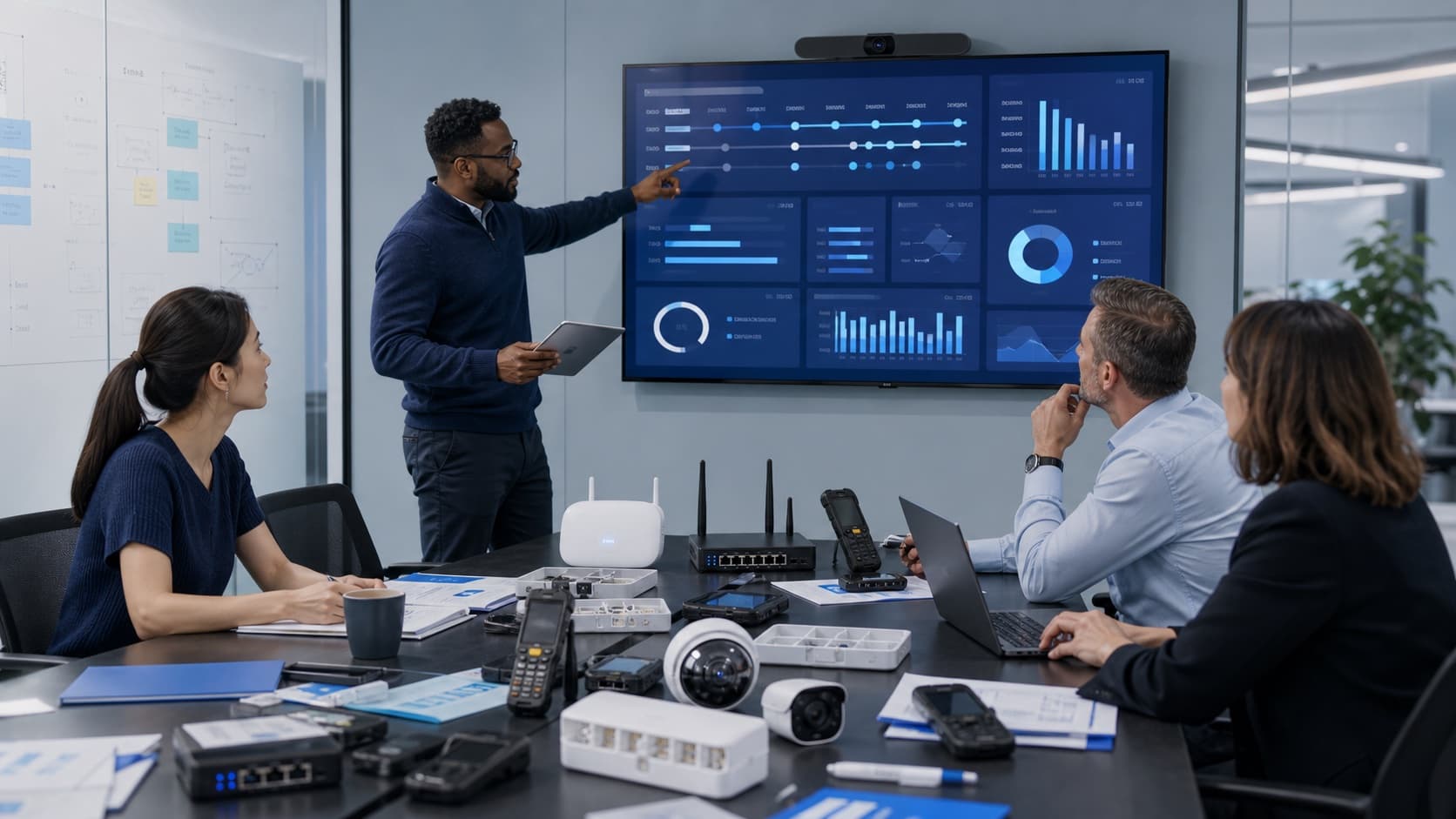 Business leaders planning a technology rollout with operations data and connected devices