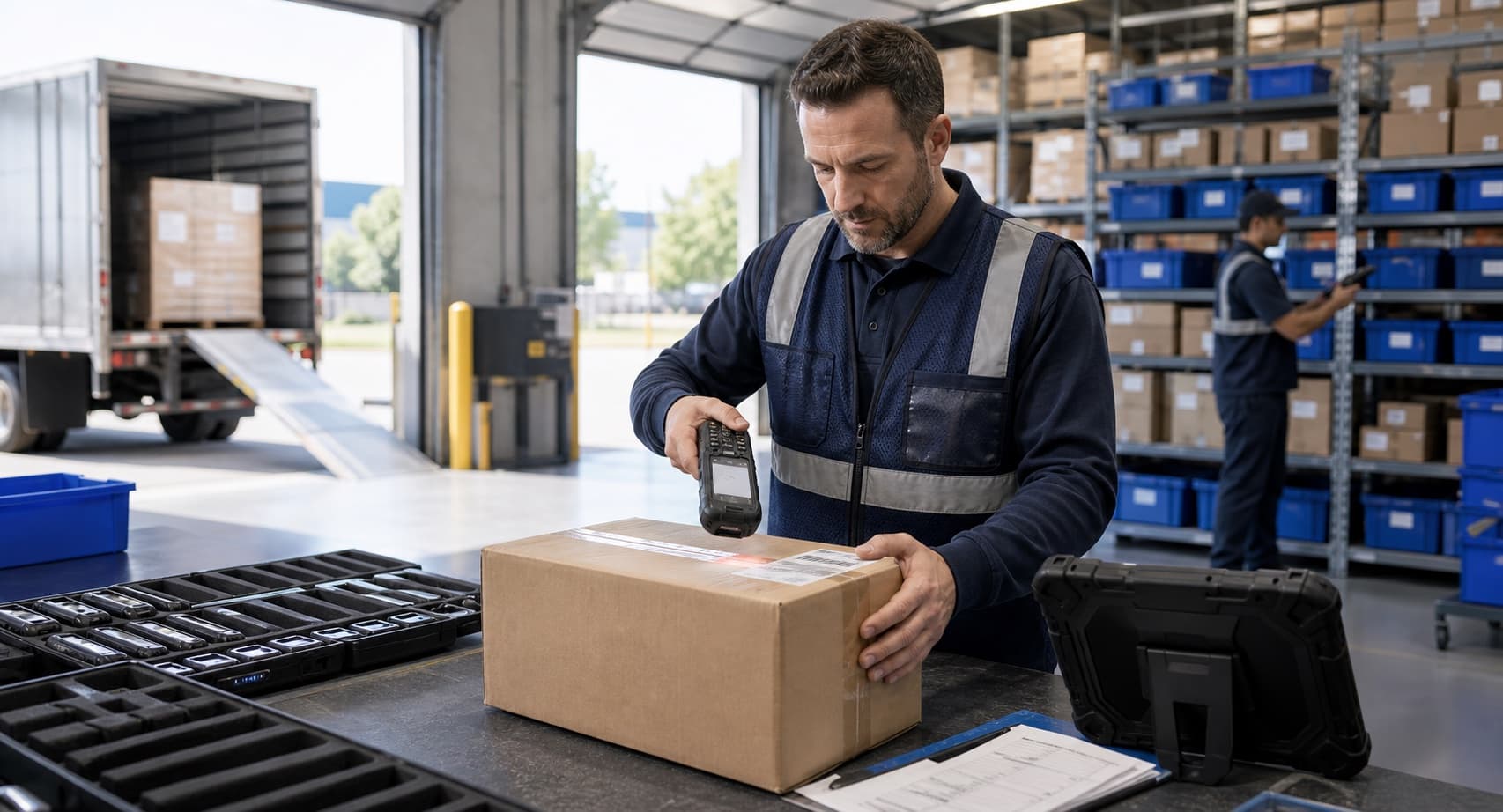 Field worker using rugged mobile devices and handheld scanners in an operational environment