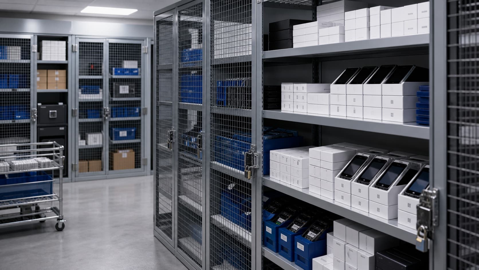 Locked walk-in warehouse cage with boxed phones, mobile devices, safes, and secure shelves