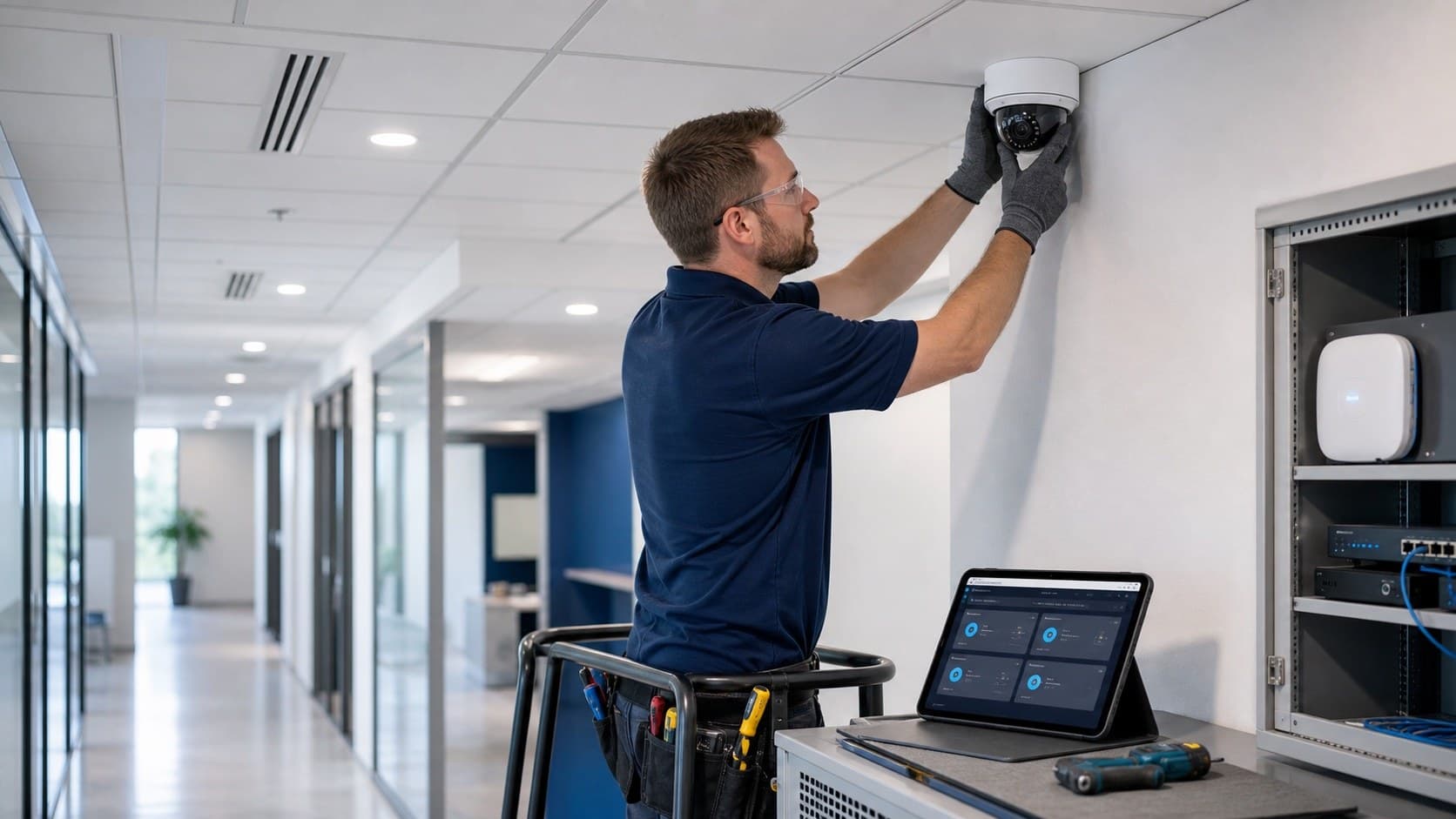 Technician setting up security camera and connected site technology for a business location
