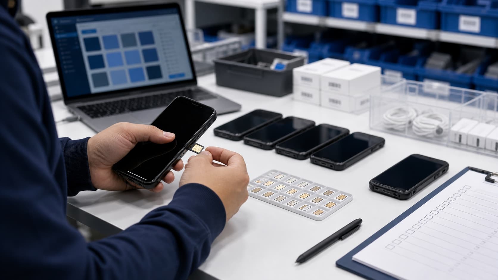 Technician staging phones, SIM cards, chargers, and labels at a kitting bench