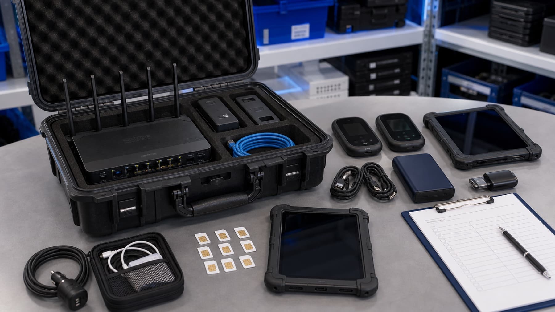 Prepared business continuity kit with cellular router, mobile hotspots, SIM cards, cables, and tablets
