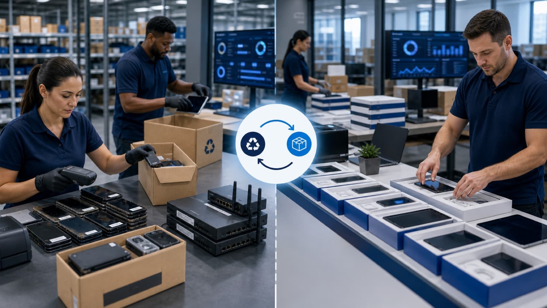 Retired devices being boxed while new device kits are prepared for a business refresh