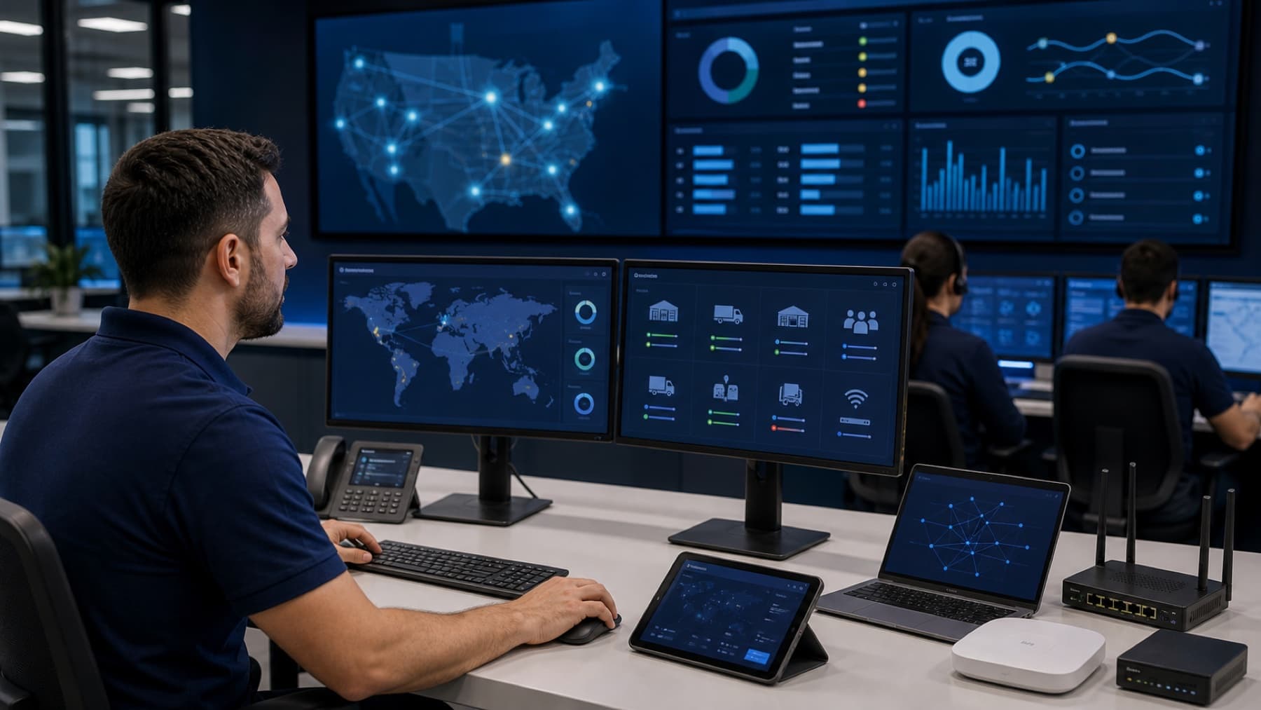 Operations desk showing multiple branch and mobile site connectivity indicators