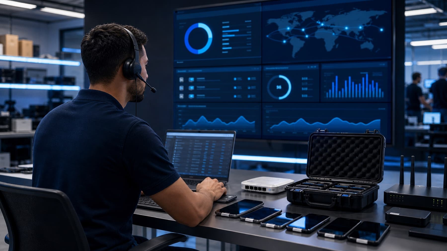Support specialist using a remote device management dashboard near staged phones and tablets