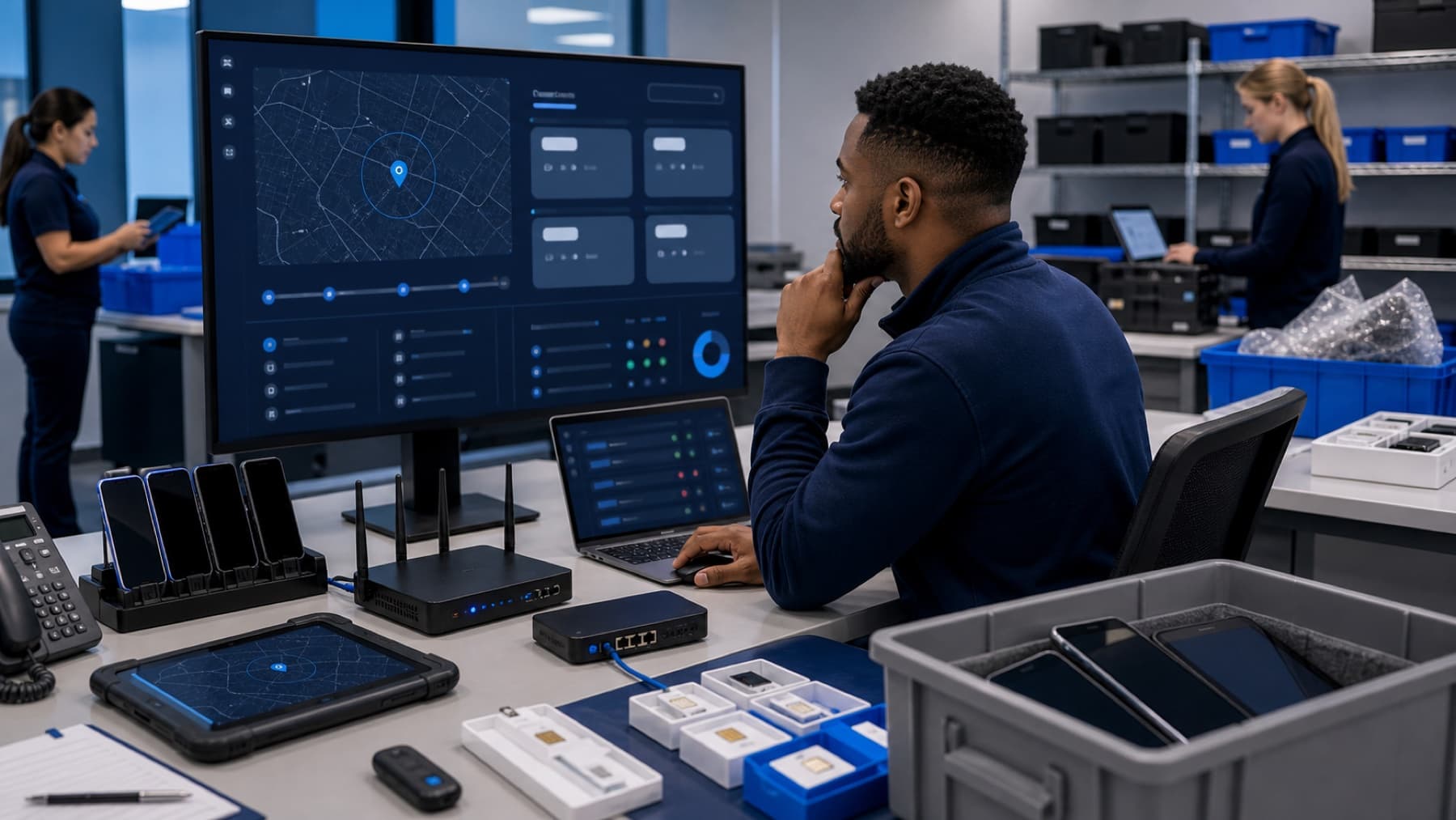 Technician tracking a missing tablet and preparing recovery support actions