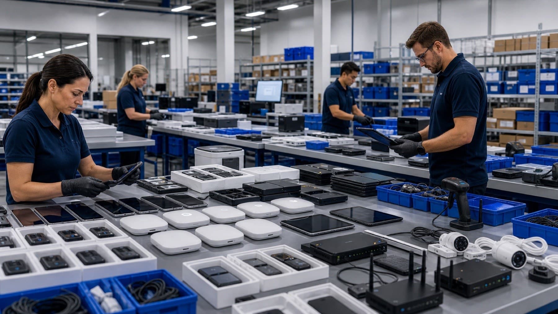 Business hardware distribution center with phones, tablets, routers, and wireless devices being prepared